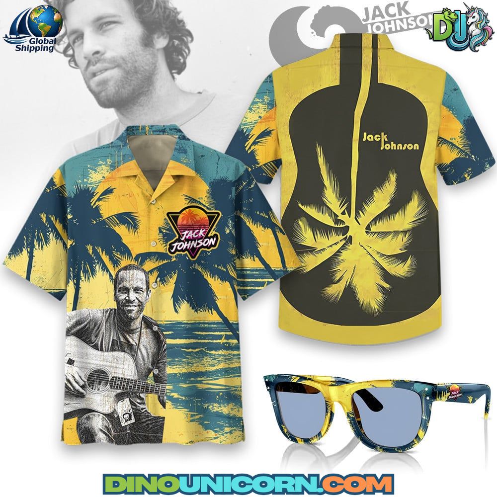 Jack Johnson Hawaiian Shirt Jack Johnson Hawaiian shirt featuring yellow-blue tropical palm design with guitar artwork and portrait, unisex surf-inspired shirt for music lovers and beach vacations, lightweight island summer fashion.