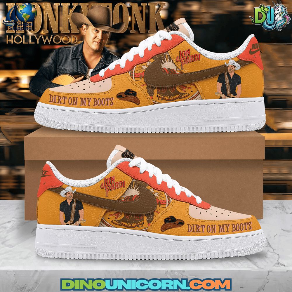 Jon Pardi Air Force 1 Sneaker High-angle product photo of the Jon Pardi Air Force 1 sneaker with rustic orange-brown artwork, saddle-brown Swoosh, and lightning-lasso graphics—premium country music sneakers handmade by DinoUnicorn.