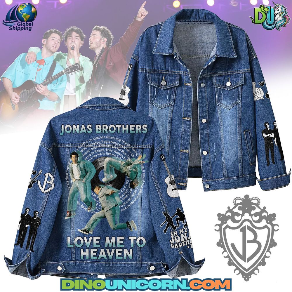 Jonas Brothers Denim Jacket Jonas Brothers denim jacket with Love Me To Heaven graphic, collectible jean jacket with band imagery and stylish fan merchandise design.