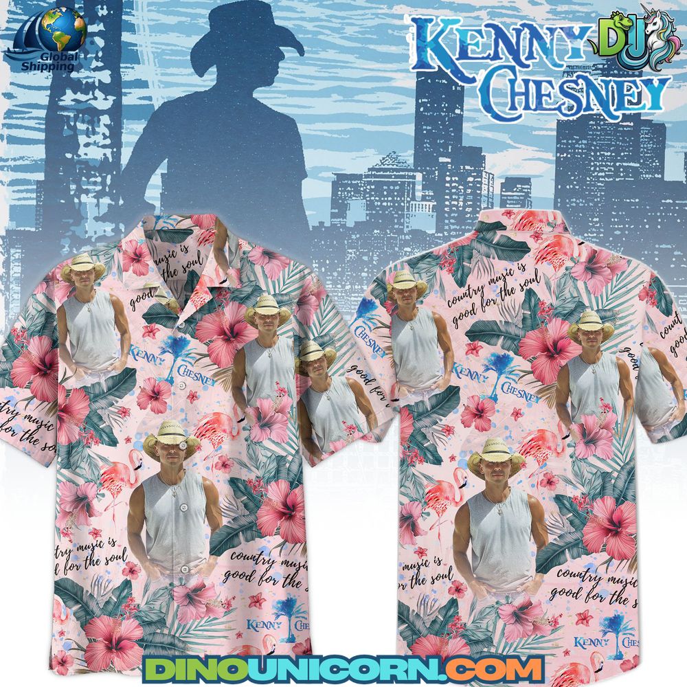 Kenny Chesney Hawaiian Shirt Premium handmade Kenny Chesney Hawaiian shirt with pink hibiscus and palm leaf tropical print, lightweight breathable button-up aloha shirt inspired by coastal country fashion.