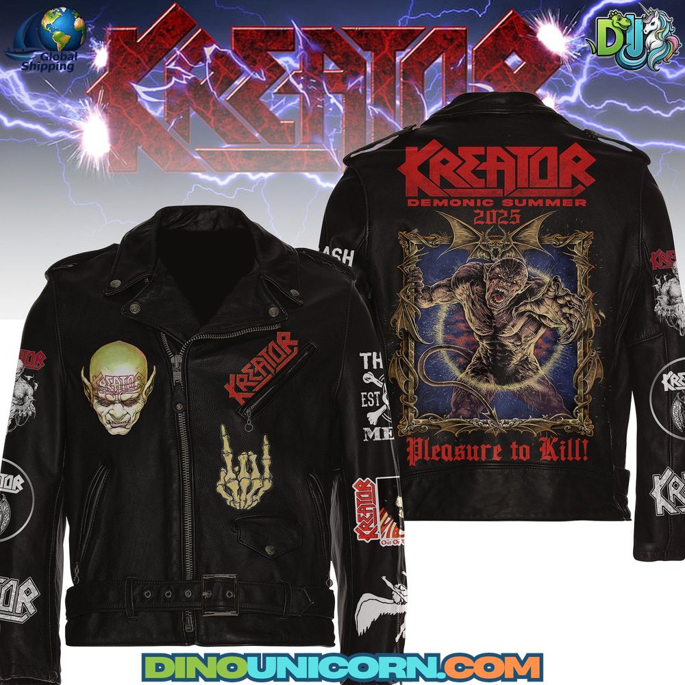 Kreator Leather Jacket Kreator leather jacket featuring demonic artwork and Pleasure to Kill graphics; black biker jacket with band patches, skull design, and tour 2025 logo.