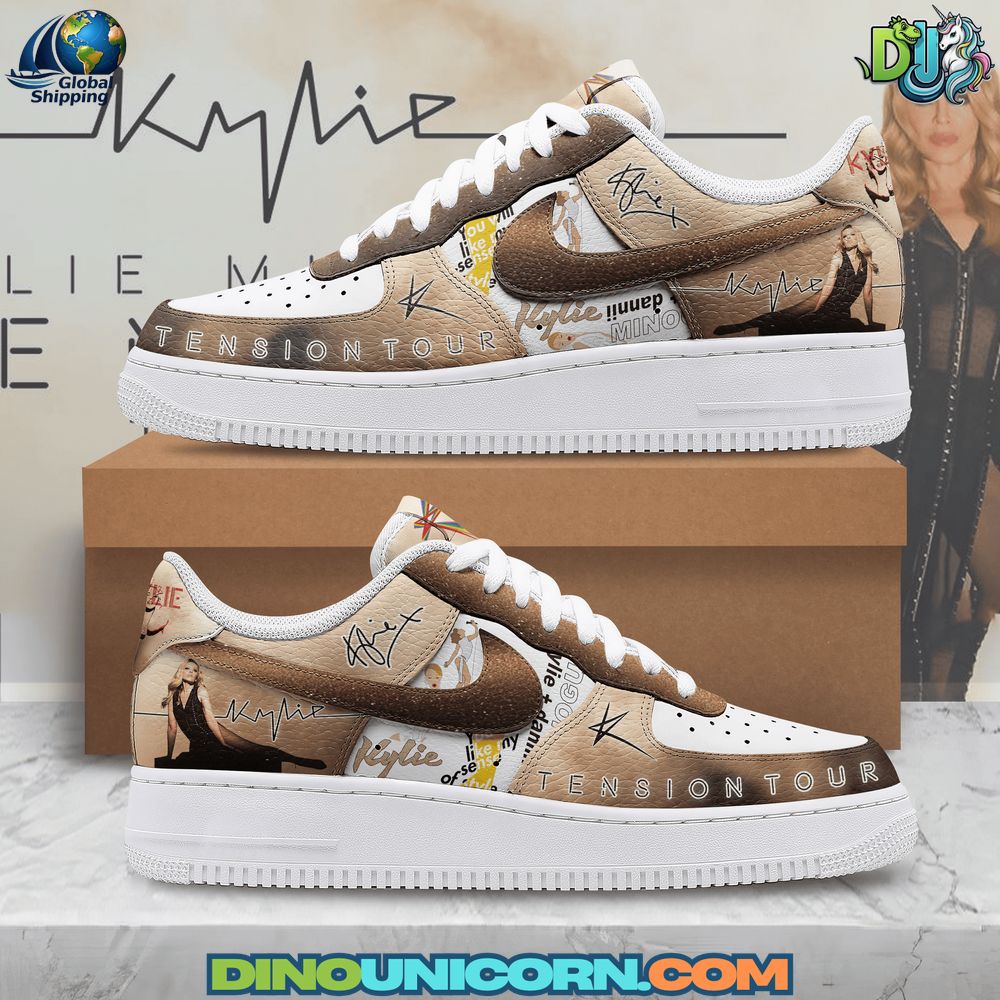 Kylie Minogue Tour Air Force 1 Sneaker Close-up of Kylie Minogue Tour Air Force 1 sneaker featuring beige and brown leather panels, signature autograph print, and photo collage art—premium handmade pop culture shoes by DinoUnicorn.