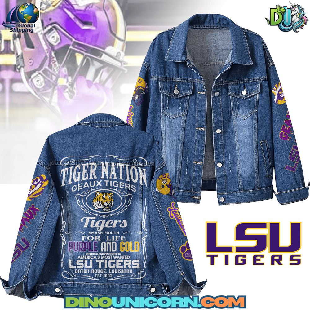 LSU Tigers Denim Jacket Front and back view of LSU Tigers denim jacket featuring purple and gold graphics, embroidered logo, and distressed vintage wash—premium handmade sports denim jacket by DinoUnicorn.