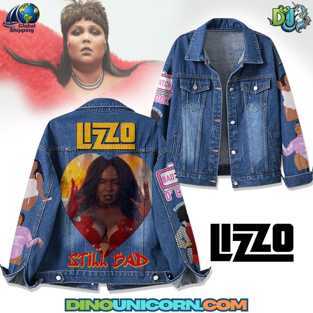 Lizzo Denim Jacket Lizzo denim jacket featuring bold “Still Bad” statement, heart graphics, and empowering embroidered art on a vintage blue distressed jean jacket celebrating body positivity and confidence.