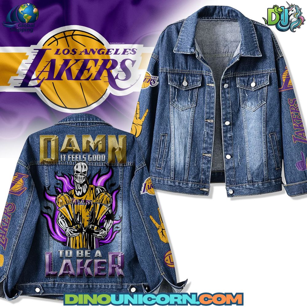 Los Angeles Lakers Denim Jacket A Los Angeles Lakers denim jacket in distressed blue denim with purple and gold graphics, embroidered team patches, and bold “Damn it feels good to be a Laker” back print — handmade collectible fanwear.