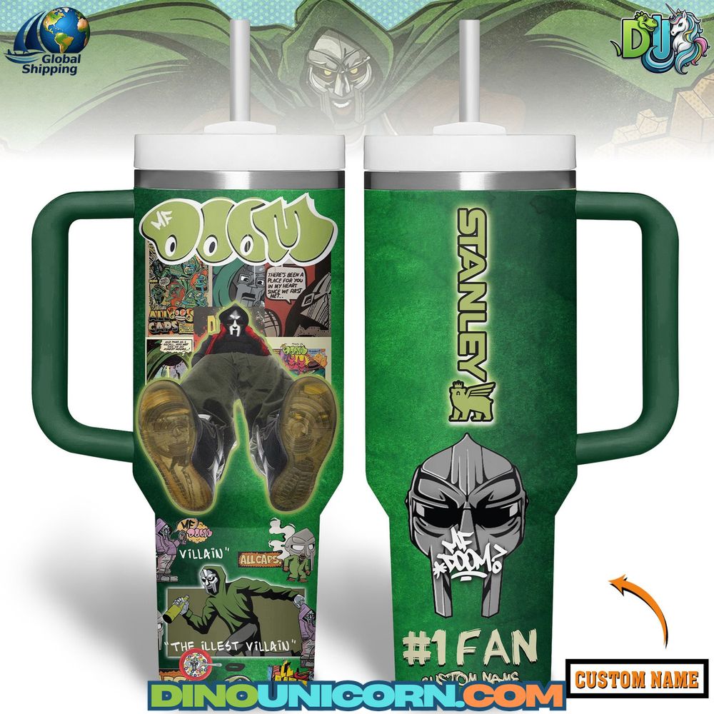 MF DOOM Stanley Tumbler Cup Custom MF DOOM Stanley tumbler cup with hip hop graffiti artwork, MF DOOM mask illustration, comic-style graphics, and personalized design option for fans.