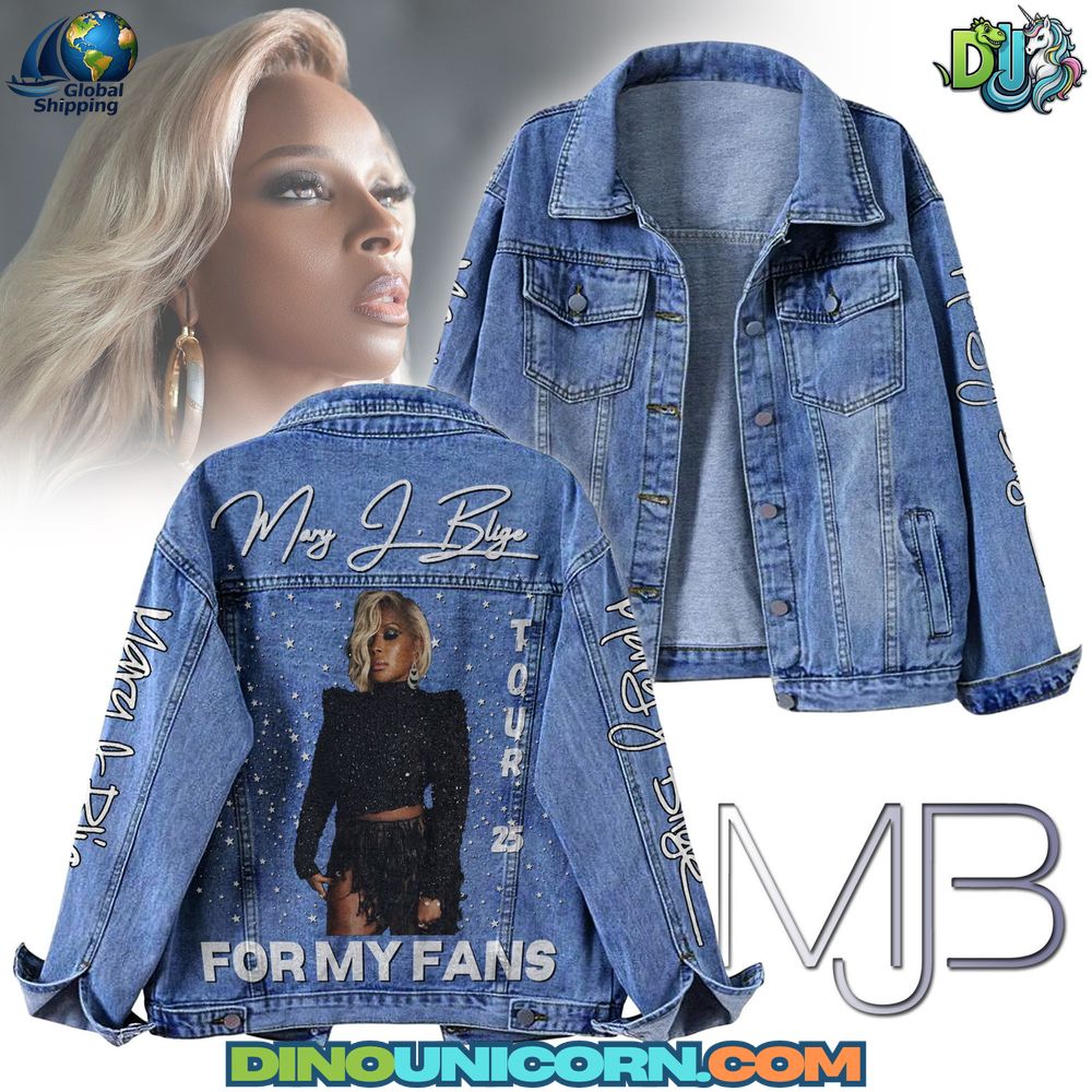 Mary J Blige Denim Jacket Mary J. Blige denim jacket featuring embroidered sleeve text, full-back portrait of Mary J. Blige in black sequin outfit, “Tour 25” and “For My Fans” graphics, limited edition fan collectible.