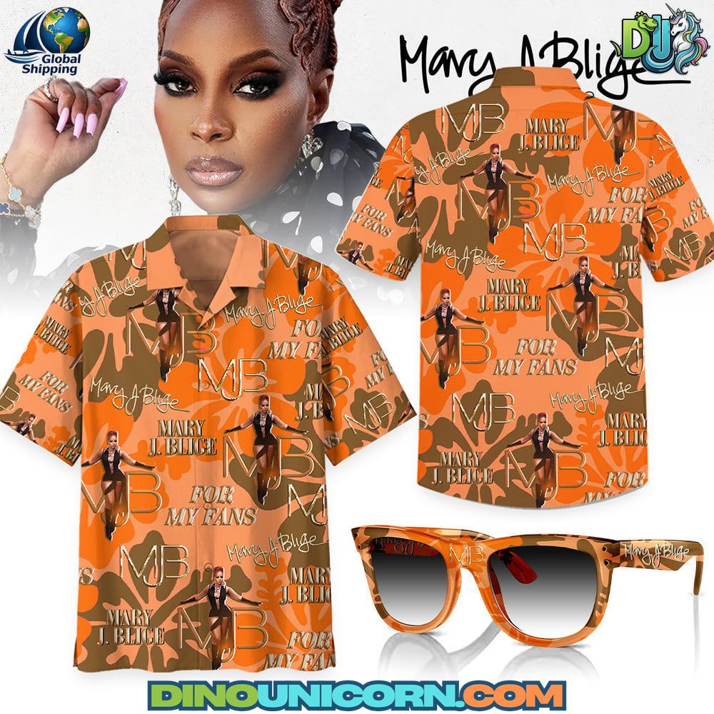 Mary J Blige Hawaiian Shirt Mary J. Blige Hawaiian shirt in orange camouflage with “For My Fans” and MJB graphics; premium breathable aloha shirt for R&B and soul music fans.