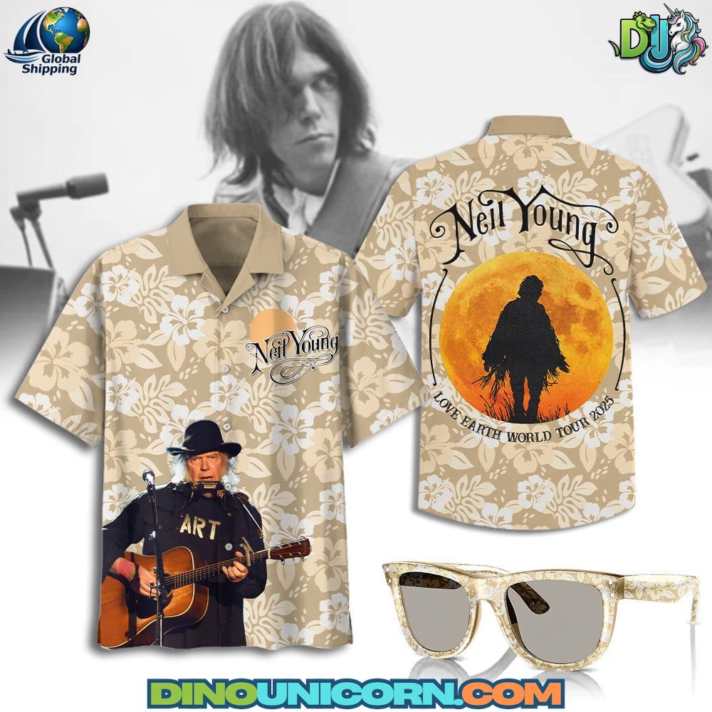 Neil Young Hawaiian shirt featuring beige floral print, acoustic guitar portrait, and Love Earth World Tour 2025 moon graphic; premium breathable aloha top for music fans.