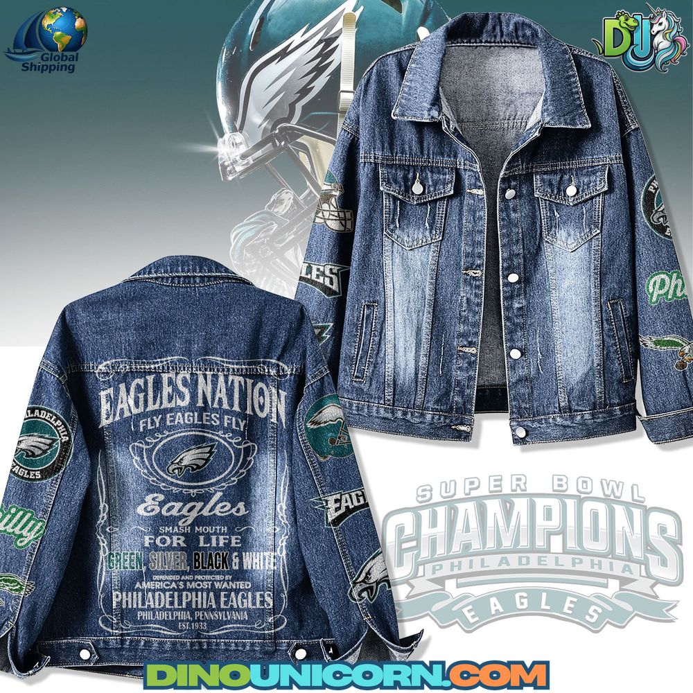 Philadelphia Eagles Denim Jacket A Philadelphia Eagles denim jacket in vintage wash blue with green, silver, and black graphics, bold “Fly Eagles Fly” back print, and detailed wings logo — handmade collectible NFL fanwear.