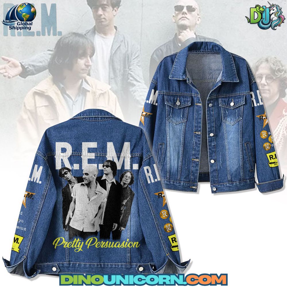 REM Denim Jacket R.E.M denim jacket featuring vintage band photo back print and embroidered graphic details on distressed blue denim. Oversized unisex design inspired by classic alternative rock fashion.