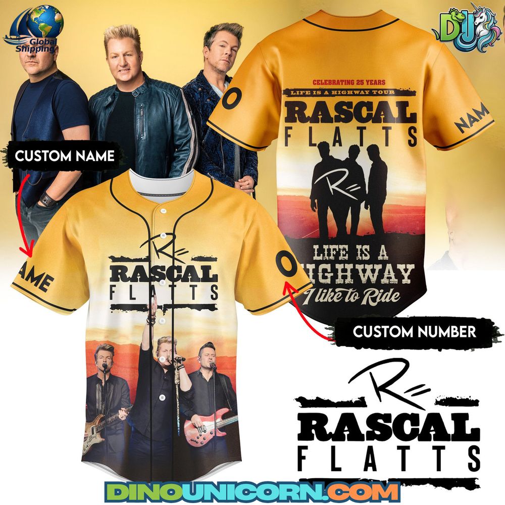 Rascal Flatts baseball jersey featuring “Life Is a Highway” graphics, customizable name and number, and 25th anniversary tour artwork; breathable button-up fan apparel.