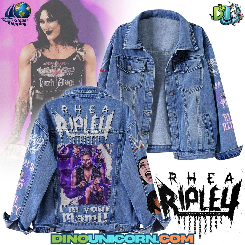 Rhea Ripley Denim Jacket Rhea Ripley denim jacket with “I’m Your Mami” graphics, Judgment Day artwork, and WWE patches; premium handmade blue jean jacket for wrestling fans.