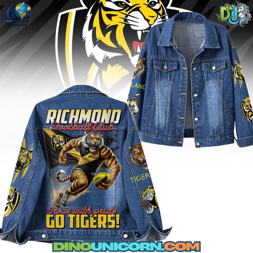 Richmond Football Club Denim Jacket Premium handmade Richmond Football Club denim jacket with roaring tiger back print and embroidered logo, black and yellow team colors, vintage wash trucker style for AFL fans.