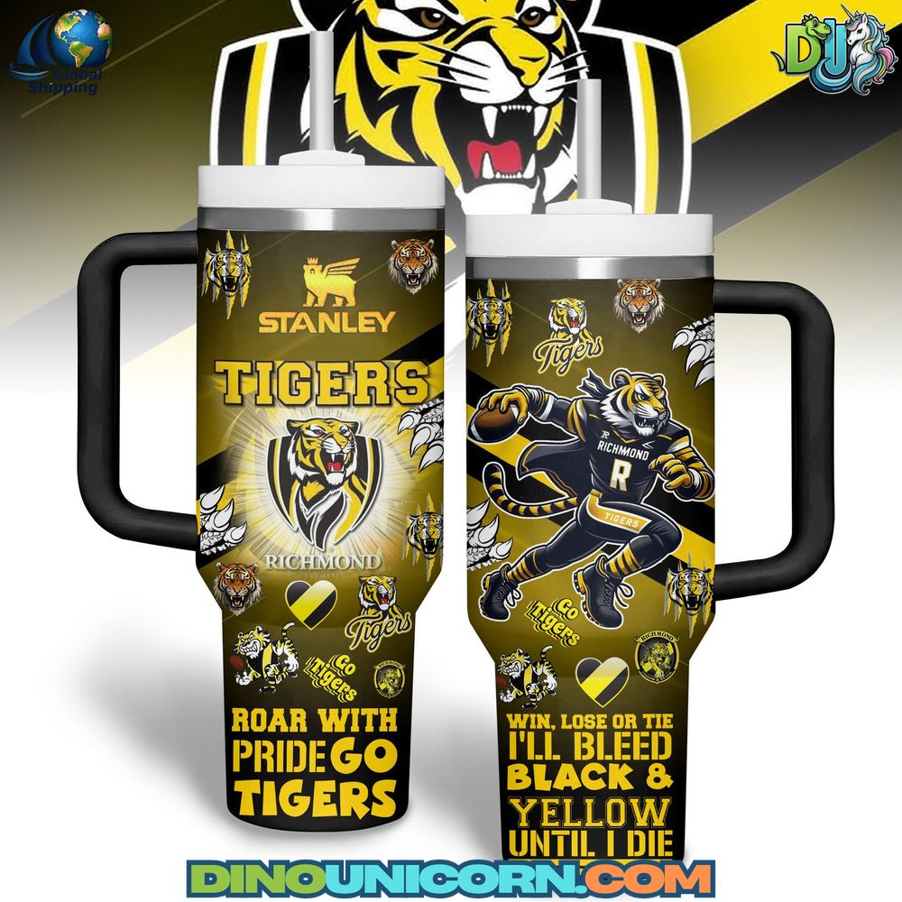 Richmond Football Club Stanley Tumbler Cup Premium Richmond Football Club Stanley tumbler with black and yellow design, tiger mascot graphics, and “Roar with Pride – Go Tigers” slogan; insulated stainless steel travel mug with handle and straw.