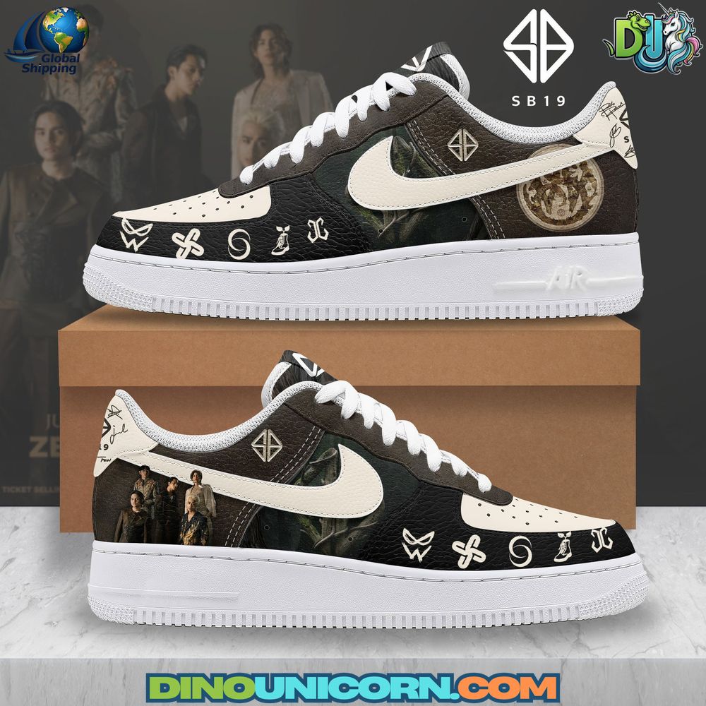 SB19 Air Force 1 Sneaker SB19 Air Force 1 sneakers featuring black and beige design with SB19 logo symbols, band photo on the heel, and artistic detailing on premium leather, limited edition P-Pop fan collectible sneakers.
