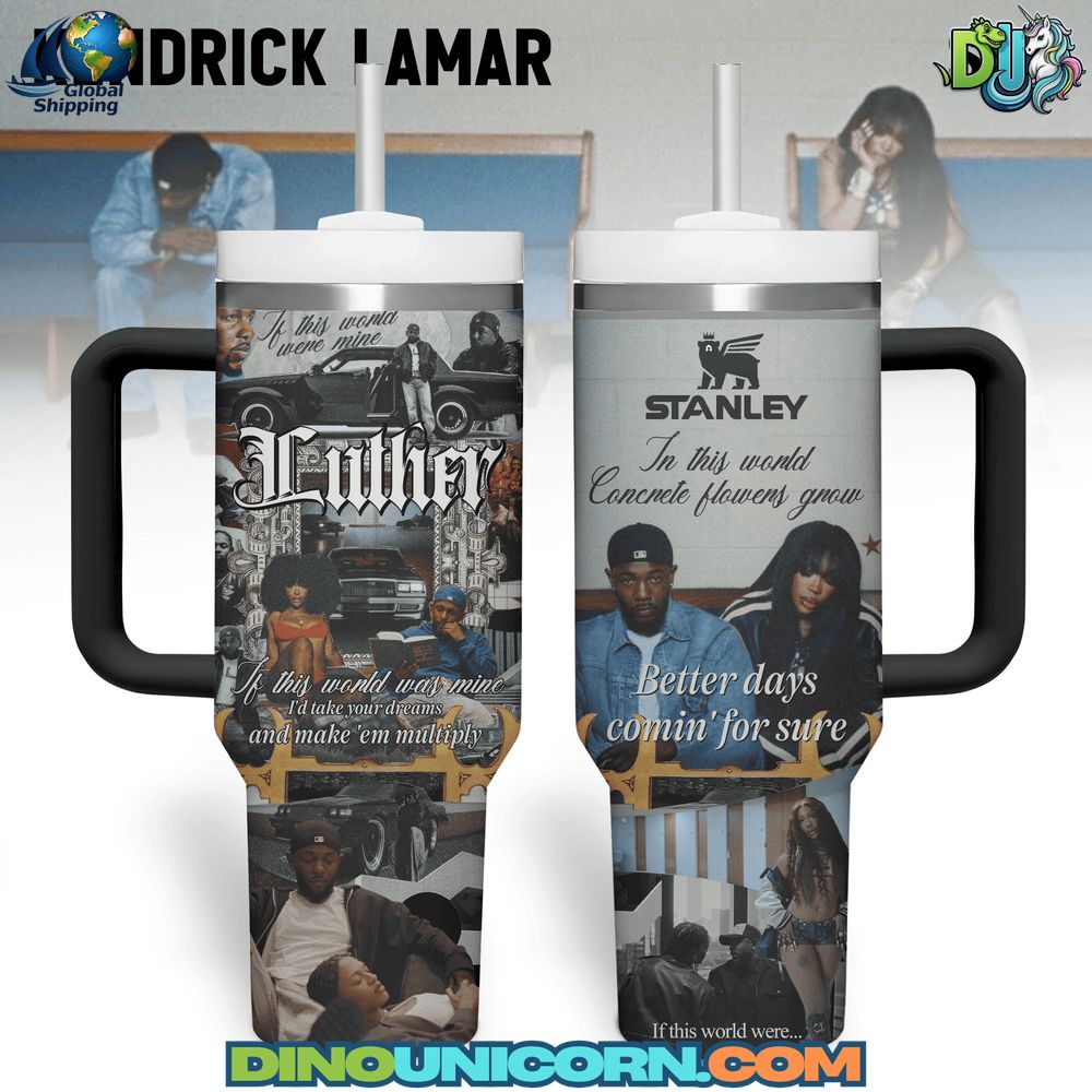 SZA x Kendrick Lamar Stanley Tumbler Cup Custom SZA x Kendrick Lamar Stanley tumbler cup with artistic hip hop collage design, lyrics-inspired artwork, and premium insulated stainless steel build.