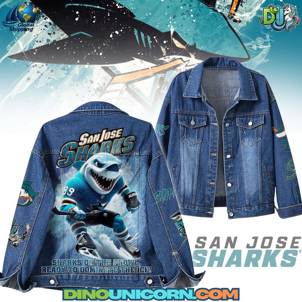 San Jose Sharks Denim Jacket Premium San Jose Sharks denim jacket featuring teal and black graphics, embroidered logos, and hand-printed mascot design on vintage blue denim for hockey fans.