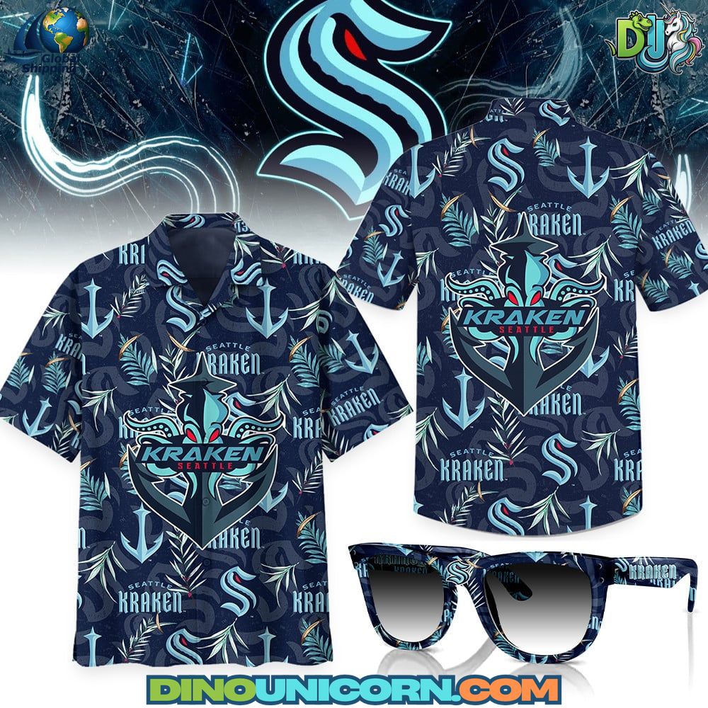 Navy blue Seattle Kraken Hawaiian shirt with tropical palm leaves, anchors, and Kraken logo; lightweight short-sleeve button-up fan shirt inspired by NHL team colors.