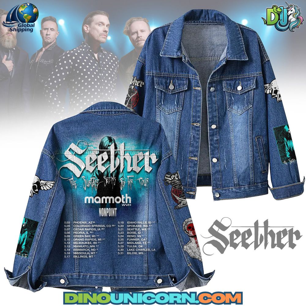Seether Denim Jacket Seether denim jacket featuring bold tour artwork for “The Surface Seems So Far Tour,” embroidered sleeve graphics with wings and skulls, and teal-blue back print with tour dates, limited edition collectible fan outerwear.
