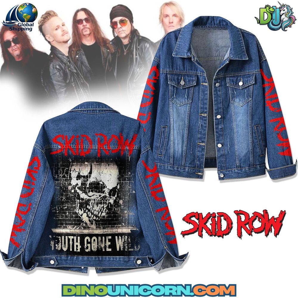 Skid Row Denim Jacket Skid Row denim jacket featuring “Youth Gone Wild” skull artwork, blue distressed jean jacket with red Skid Row logo on sleeves, collectible unisex outerwear inspired by 80s heavy metal fashion, limited edition official fan merchandise jacket.