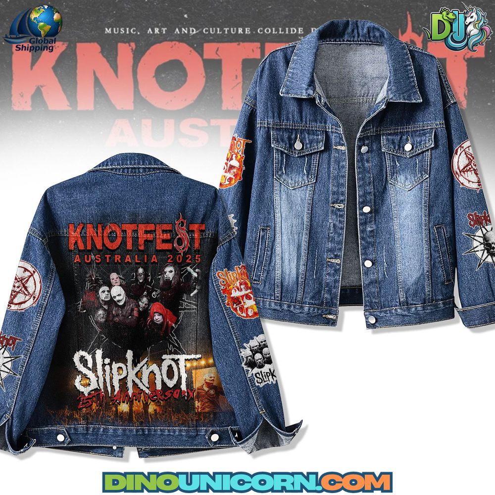 Slipknot Band Denim Jacket Limited-edition Slipknot denim jacket featuring Knotfest Australia 2025 graphics, band photo collage, embroidered logos, and vintage-wash blue denim; handmade collector’s rock outerwear by DinoUnicorn.
