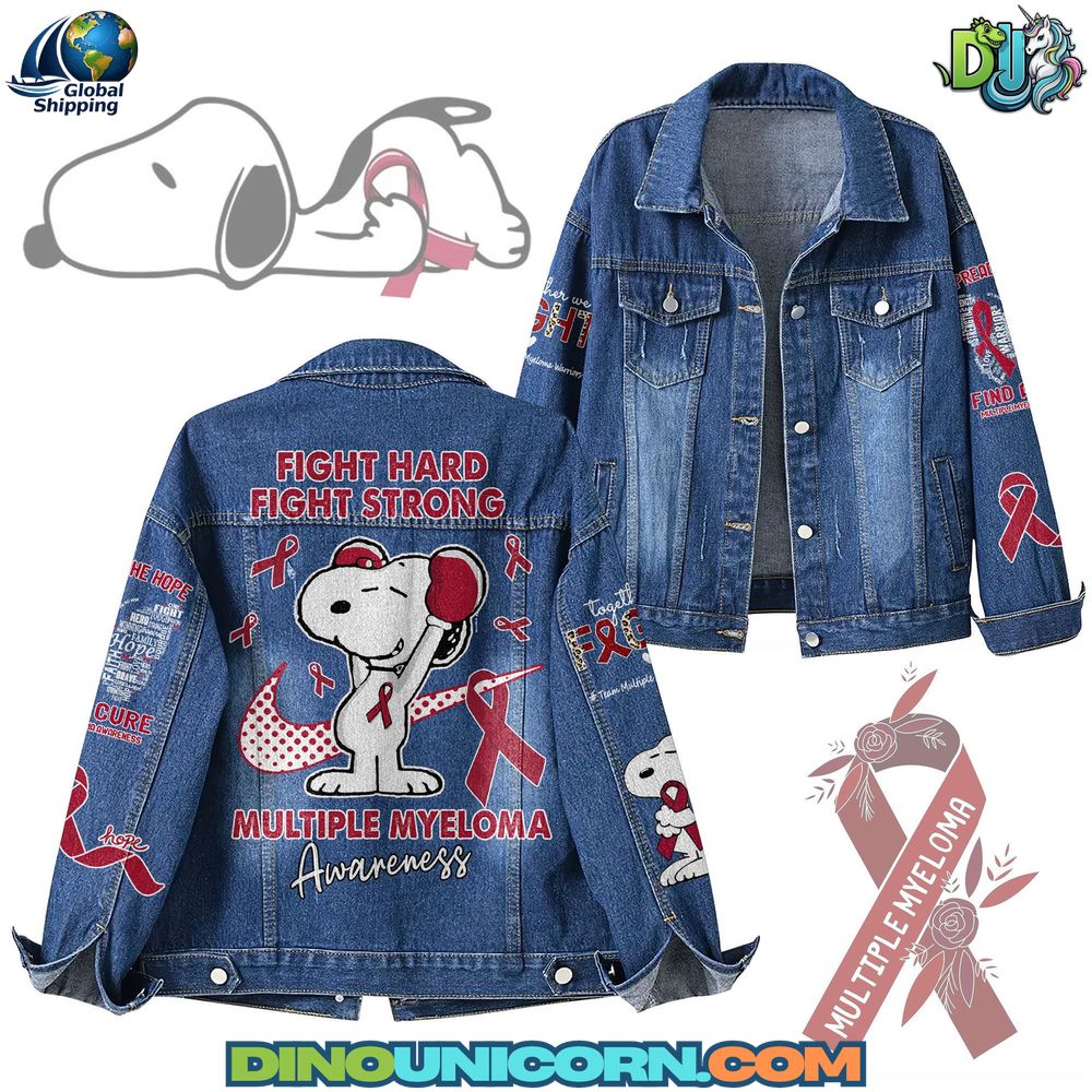 Snoopy Multiple Myeloma Awareness Denim Jacket Snoopy Multiple Myeloma Awareness denim jacket featuring embroidered Snoopy graphic and red ribbon design on distressed blue denim, symbolizing hope, strength, and cancer awareness support.