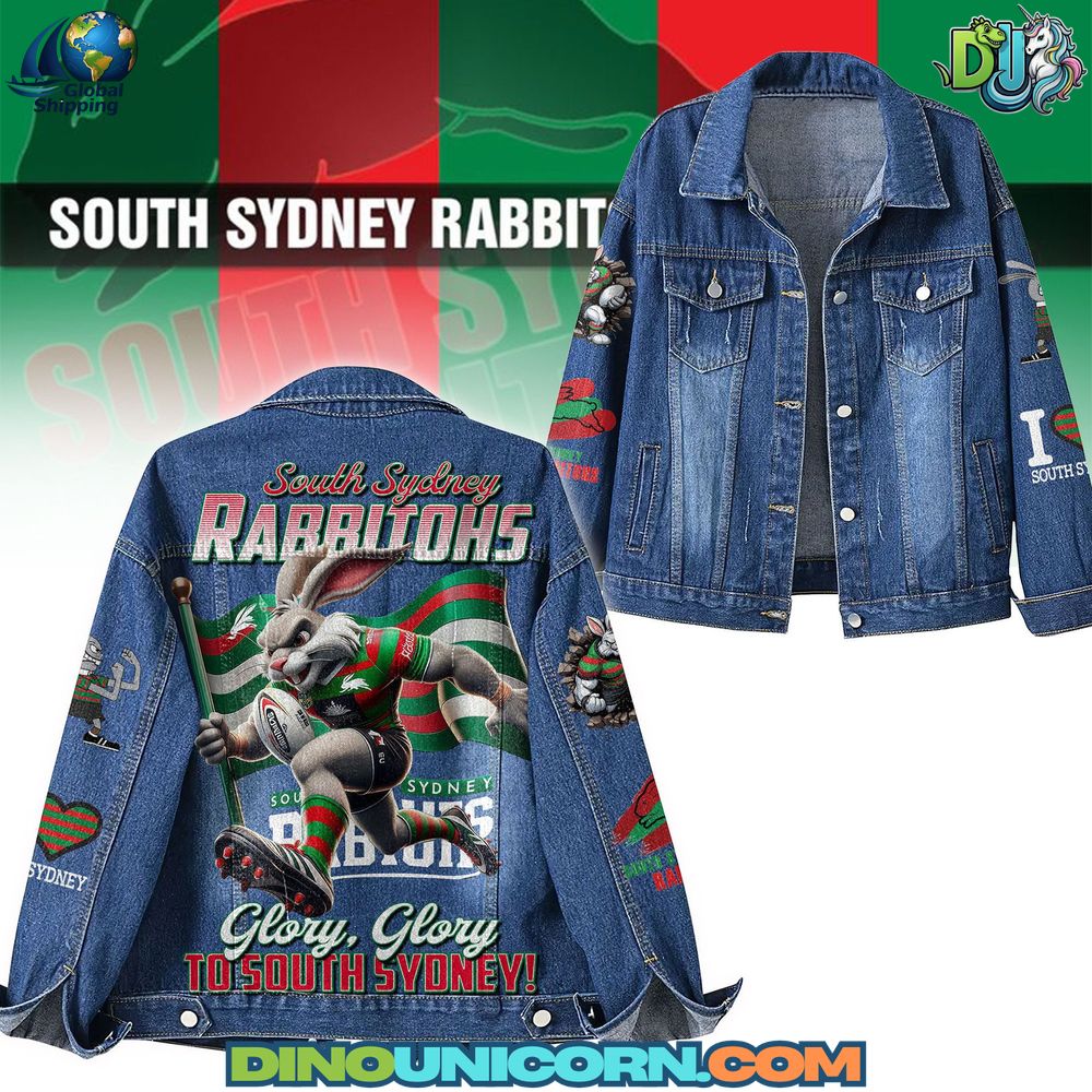 South Sydney Rabbitohs Denim Jacket Front and back image of South Sydney Rabbitohs denim jacket featuring red-green team graphics, mascot artwork, and embroidered logo—handmade rugby league denim coat by DinoUnicorn.