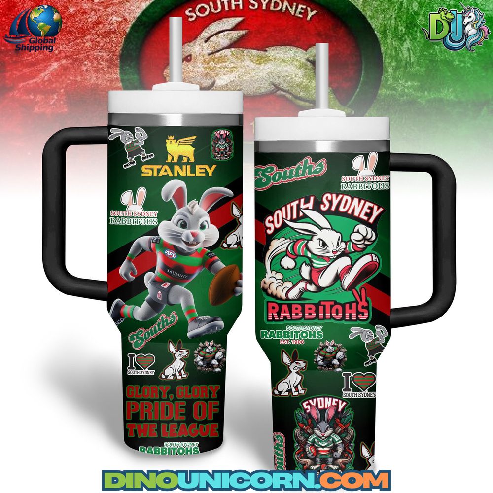 Premium South Sydney Rabbitohs Stanley tumbler with team mascot graphics, red-green-black color theme, and “Glory, Glory to South Sydney” slogan; insulated stainless steel cup with handle and straw.