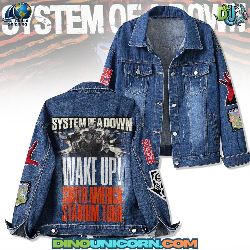 System of a Down Denim Jacket System of a Down denim jacket featuring “Wake Up! South America Stadium Tour” print, blue jean jacket with band portrait and red hand patches, unisex rock streetwear outerwear.