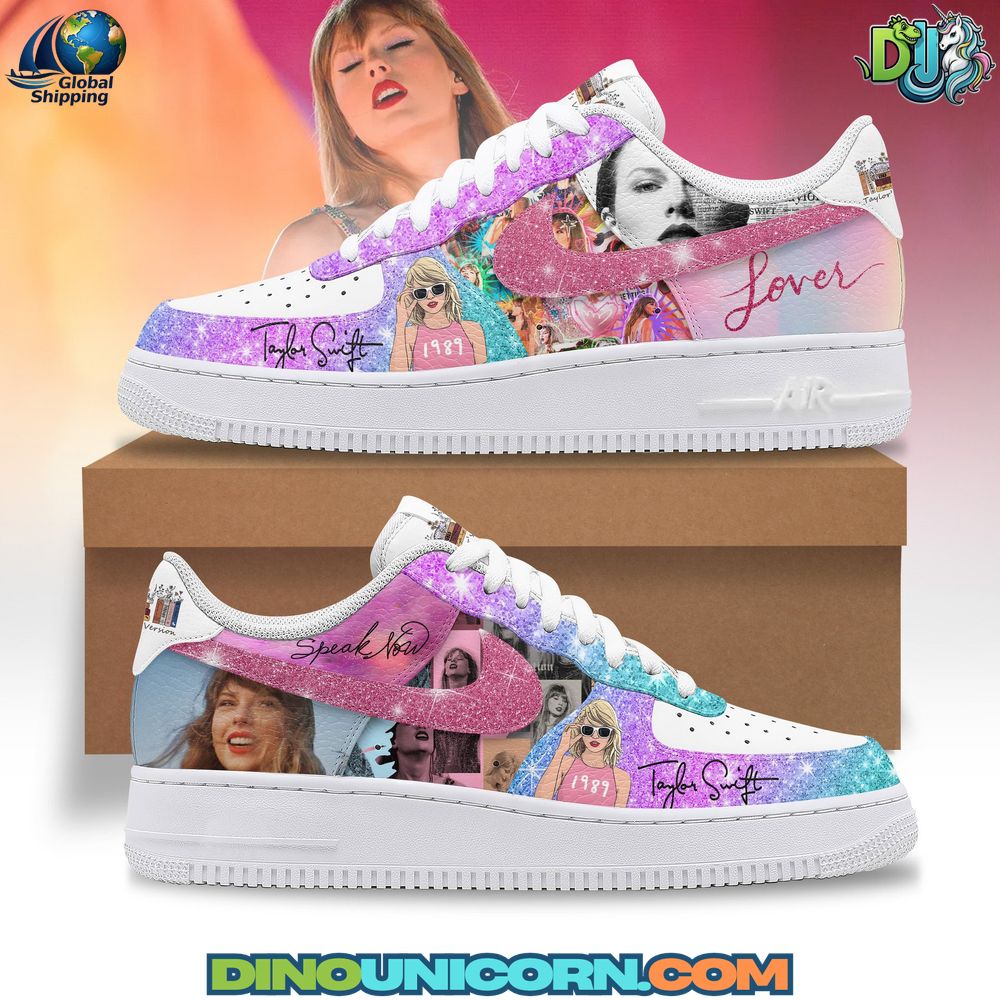 Taylor Swift Air Force 1 Sneaker Custom Taylor Swift Air Force 1 sneakers with pastel glitter design, album artwork from Lover, Speak Now, and 1989, and signature pop star tribute style.