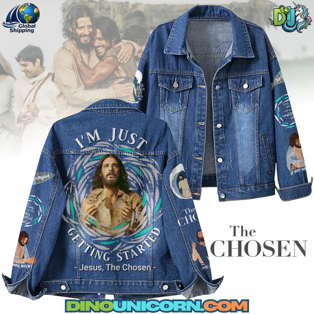 The Chosen Denim Jacket The Chosen denim jacket featuring Jesus artwork and “I’m Just Getting Started” quote, blue jean jacket with faith-inspired graphics, unisex Christian outerwear from DinoUnicorn.