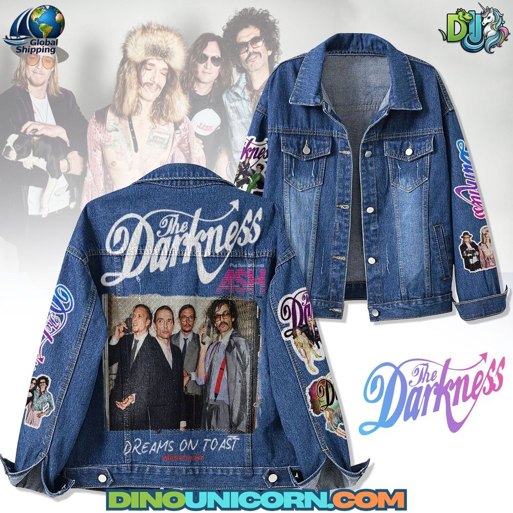The Darkness Denim Jacket The Darkness denim jacket featuring embroidered band logo and bold glam rock back print on vintage washed blue denim. Oversized unisex design inspired by British rock revival fashion.