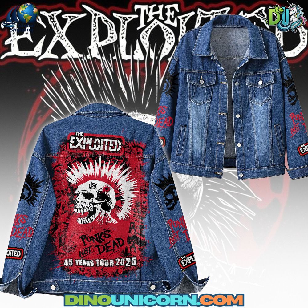 The Exploited Denim Jacket The Exploited denim jacket featuring red-and-black “Punks Not Dead 45 Years Tour 2025” skull graphic, embroidered punk details, and distressed blue denim design by DinoUnicorn.