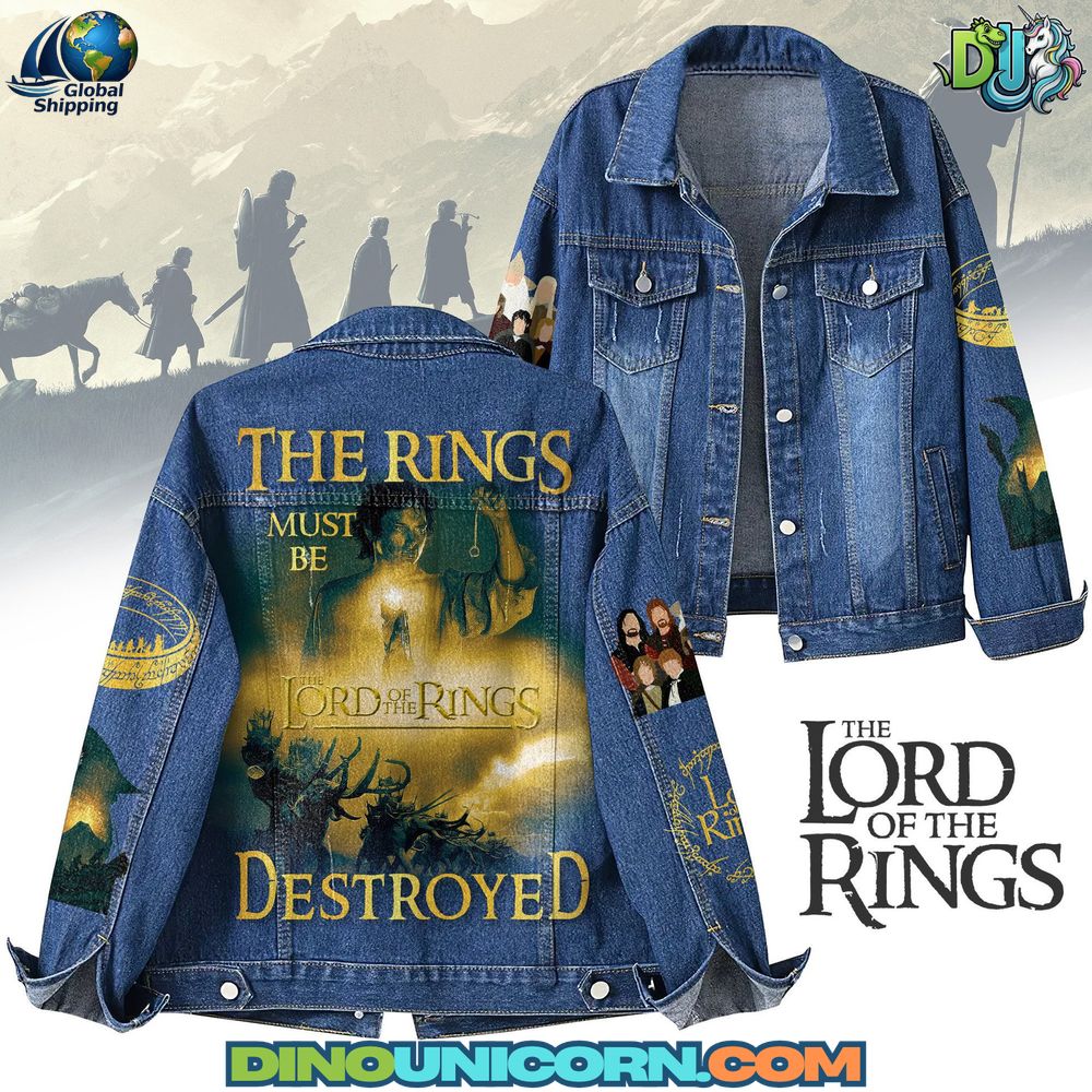 The Lord of the Rings Denim Jacket Lord of the Rings denim jacket featuring detailed cinematic back art of the Fellowship with embroidered fantasy motifs on vintage blue denim. Unisex handcrafted collectible for Tolkien fans.