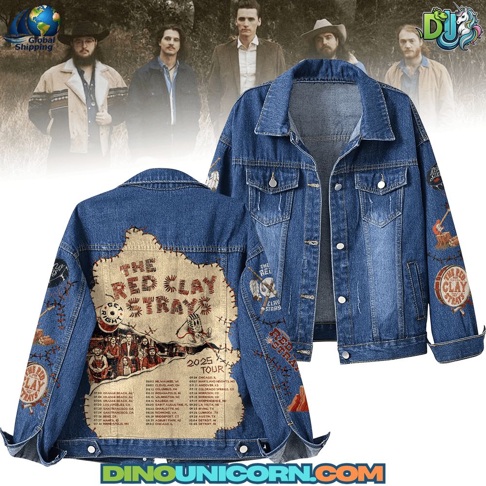 The Red Clay Strays Denim Jacket A The Red Clay Strays denim jacket with vintage wash blue denim, bold band logo, artistic 2025 tour map back print, and rustic distressed details — handmade collectible country rock fanwear.
