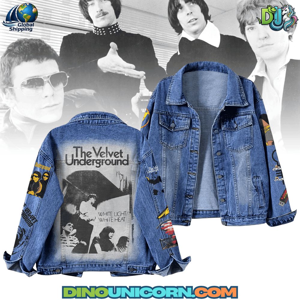 The Velvet Underground Denim Jacket Handmade The Velvet Underground denim jacket featuring band photo and album-inspired black-and-white graphic back print; distressed vintage wash, button-up trucker style, premium cotton denim for music and art lovers.