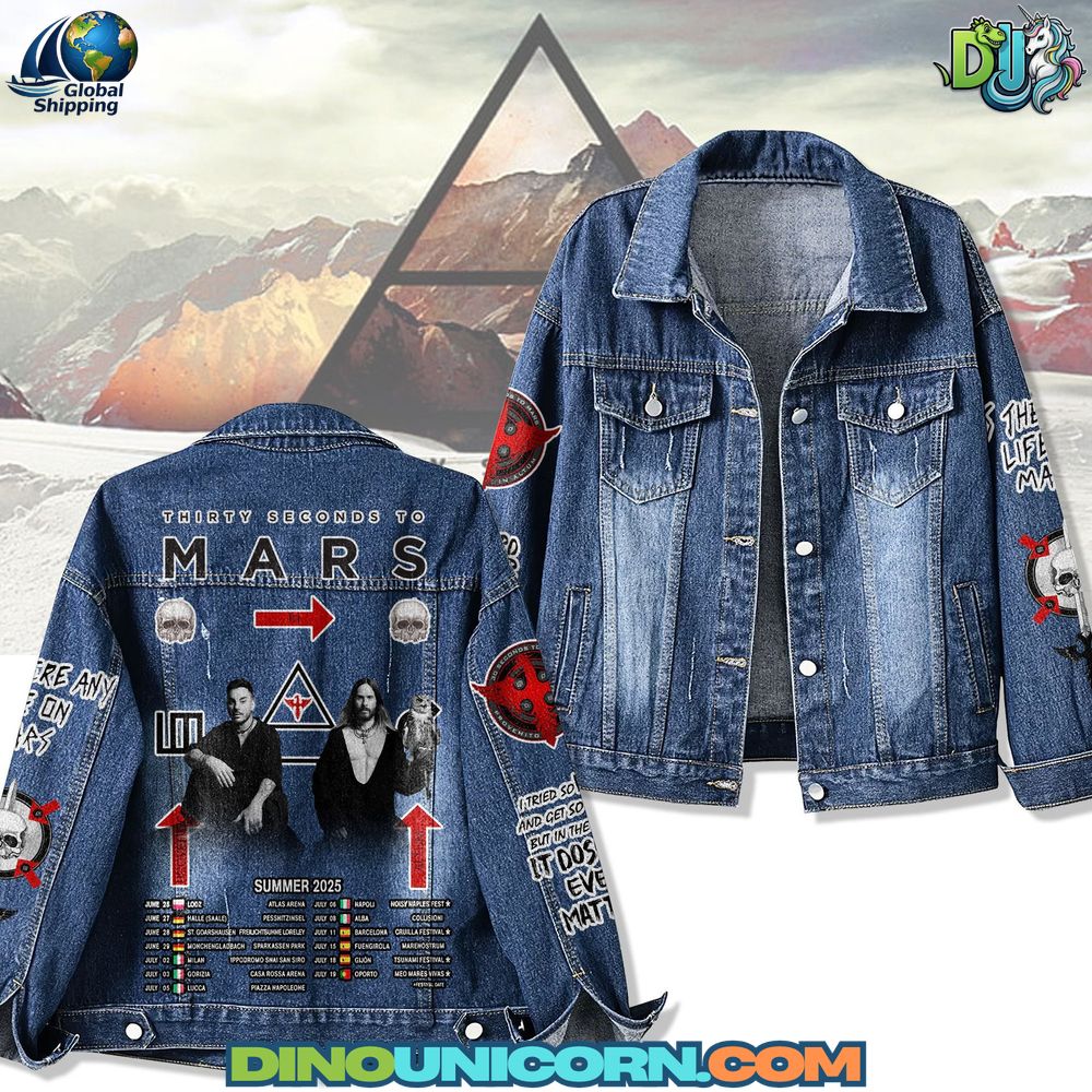 Thirty Seconds to Mars Denim Jacket Premium Thirty Seconds to Mars denim jacket featuring triad symbol artwork, embroidered logo, and cosmic back print on vintage blue denim — handmade collectible fanwear.