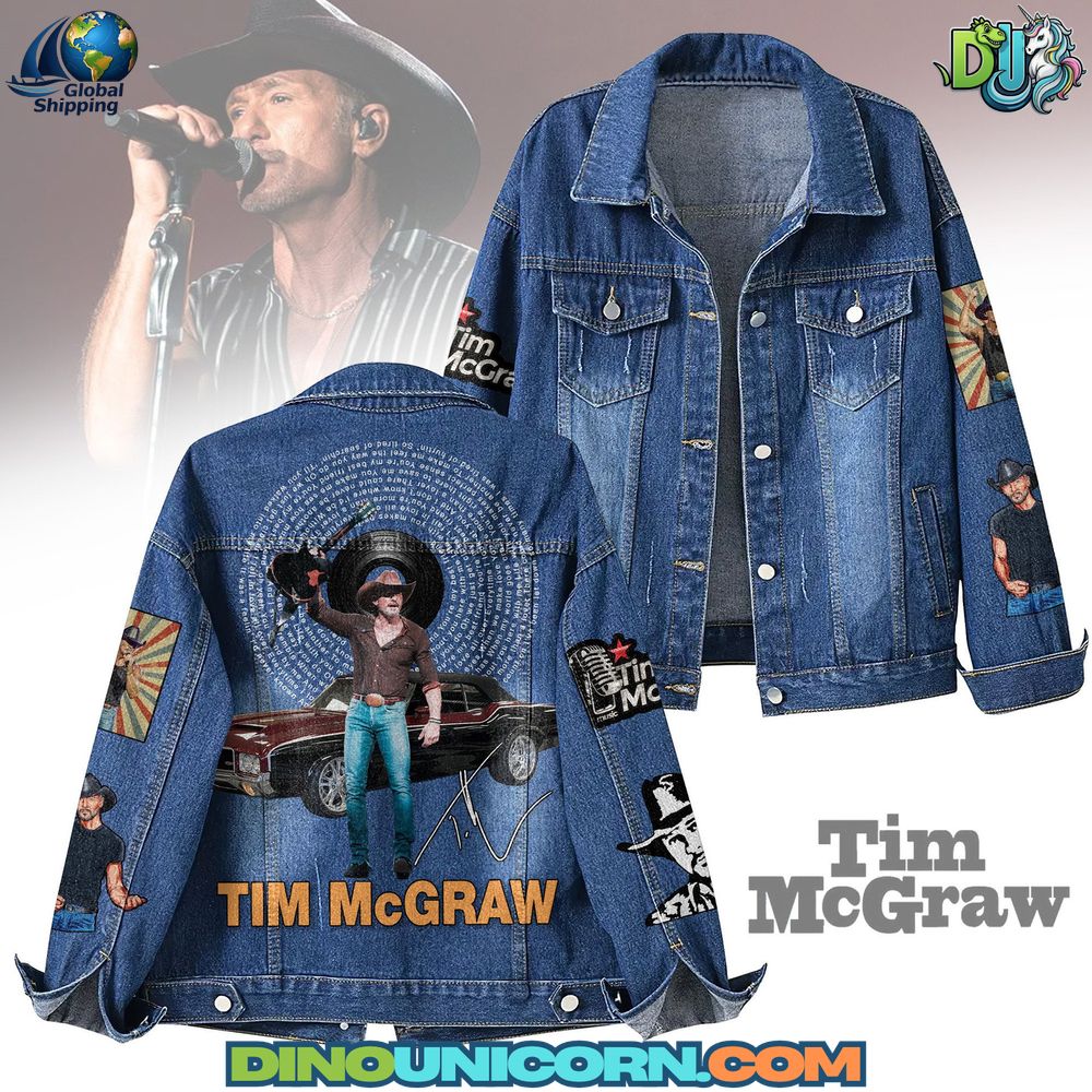 Tim McGraw Denim Jacket Tim McGraw denim jacket featuring vintage country music design, blue distressed jean jacket with cowboy car graphic and embroidered details, collectible unisex outerwear inspired by Tim McGraw’s tour style, limited edition official fan merchandise jacket.