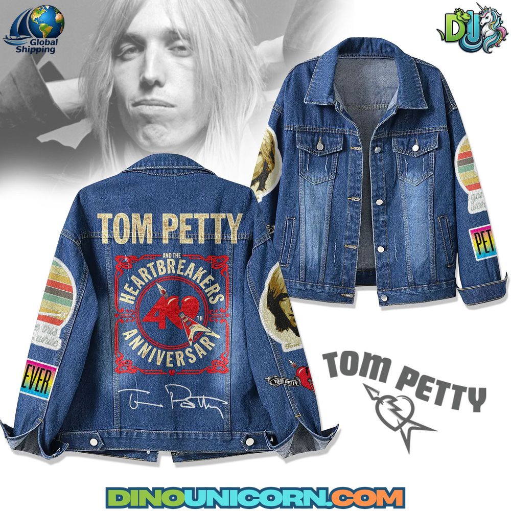 Tom Petty Denim Jacket Tom Petty denim jacket featuring 40th Anniversary Heartbreakers logo, blue jean jacket with vintage rock patches and embroidered design, unisex collector’s jacket from DinoUnicorn.