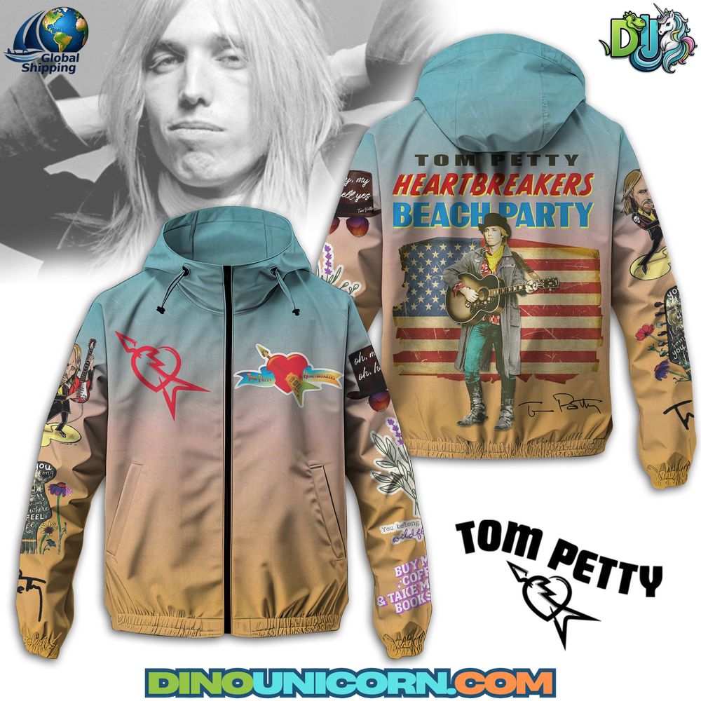 Tom Petty Windbreaker Jacket A Tom Petty windbreaker jacket featuring a beach party theme, American flag backdrop, heart-and-arrow logo, and colorful vintage graphics on a blue-to-sand gradient base.