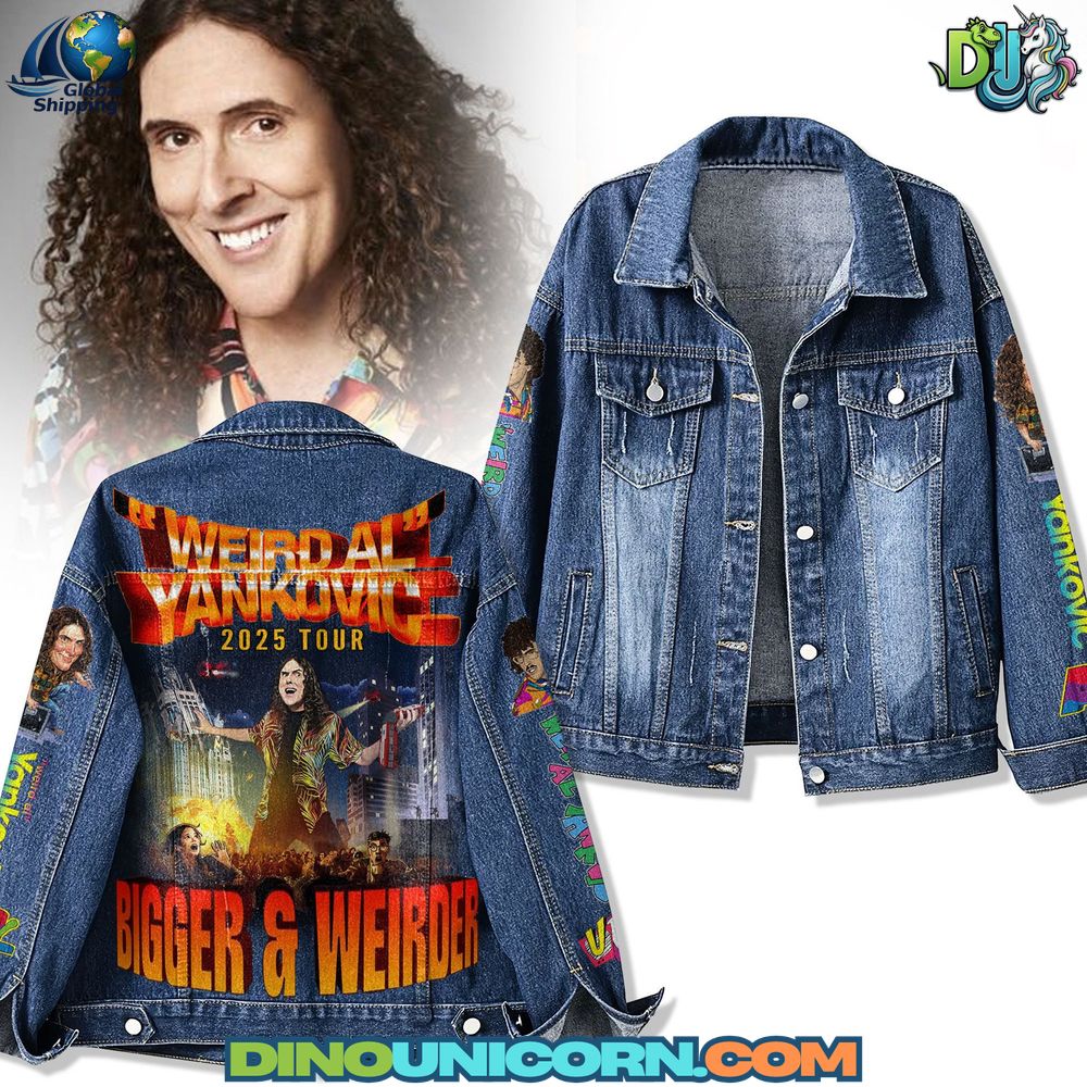 Weird Al Yankovic Denim Jacket A Weird Al Yankovic denim jacket featuring colorful tour artwork and parody motifs from the Bigger & Weirder 2025 Tour, printed on vintage wash handmade denim.