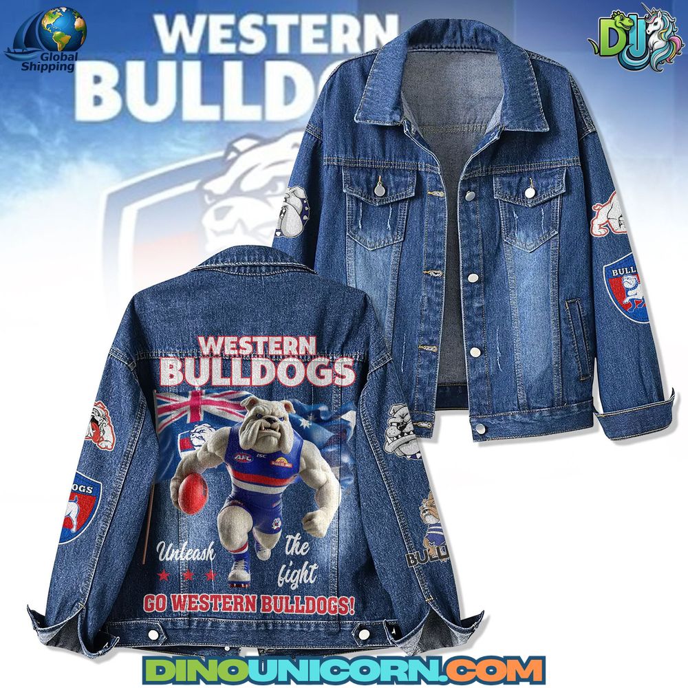 Western Bulldogs Denim Jacket Premium handmade Western Bulldogs denim jacket with bulldog mascot back print and embroidered logo, blue and red team colors, vintage wash trucker style for AFL fans.