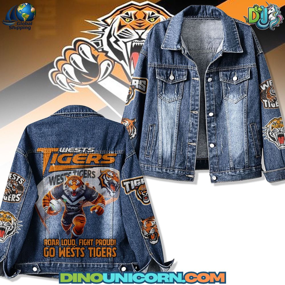 Wests Tigers Denim Jacket Front and back of Wests Tigers denim jacket featuring orange-black tiger claw graphics, embroidered logo, and distressed vintage blue denim—handmade rugby league jacket by DinoUnicorn.