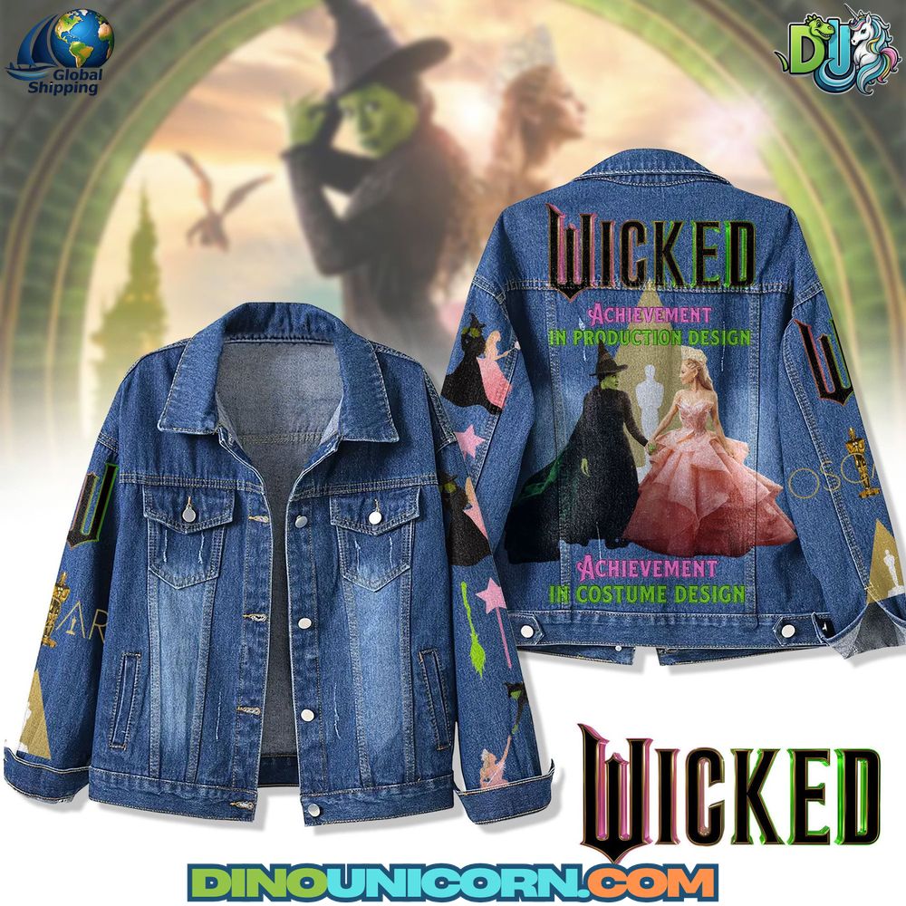 Wicked Denim Jacket Wicked denim jacket featuring embroidered Elphaba and Glinda back art on distressed vintage blue denim. Unisex Broadway-inspired outerwear blending fantasy and modern streetwear.