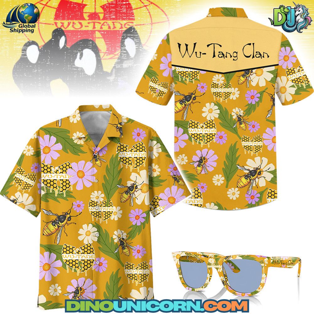 WuTang Clan Hawaiian Shirt Wu-Tang Clan Hawaiian shirt featuring yellow floral print with bees and honeycomb pattern, embroidered Wu-Tang Clan logo on back, tropical hip-hop fashion shirt for fans and collectors.
