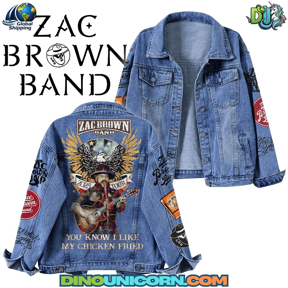 Zac Brown Band Denim Jacket Limited-edition Zac Brown Band denim jacket with tour artwork of Zac Brown playing guitar under an eagle, “You Know I Like My Chicken Fried” lyric, and embroidered logos; vintage wash blue trucker jacket by DinoUnicorn.