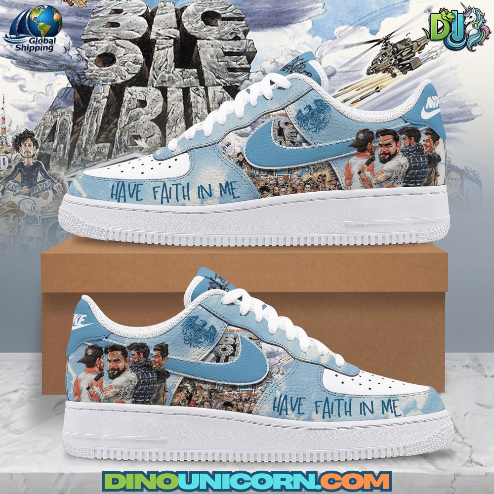 A Day to Remember Air Force 1 Sneaker Premium A Day to Remember Air Force 1 sneakers with blue-sky gradient, crowd print panels, and lyric typography; handmade ADTR Air Force 1 custom shoes for concert-ready streetwear.