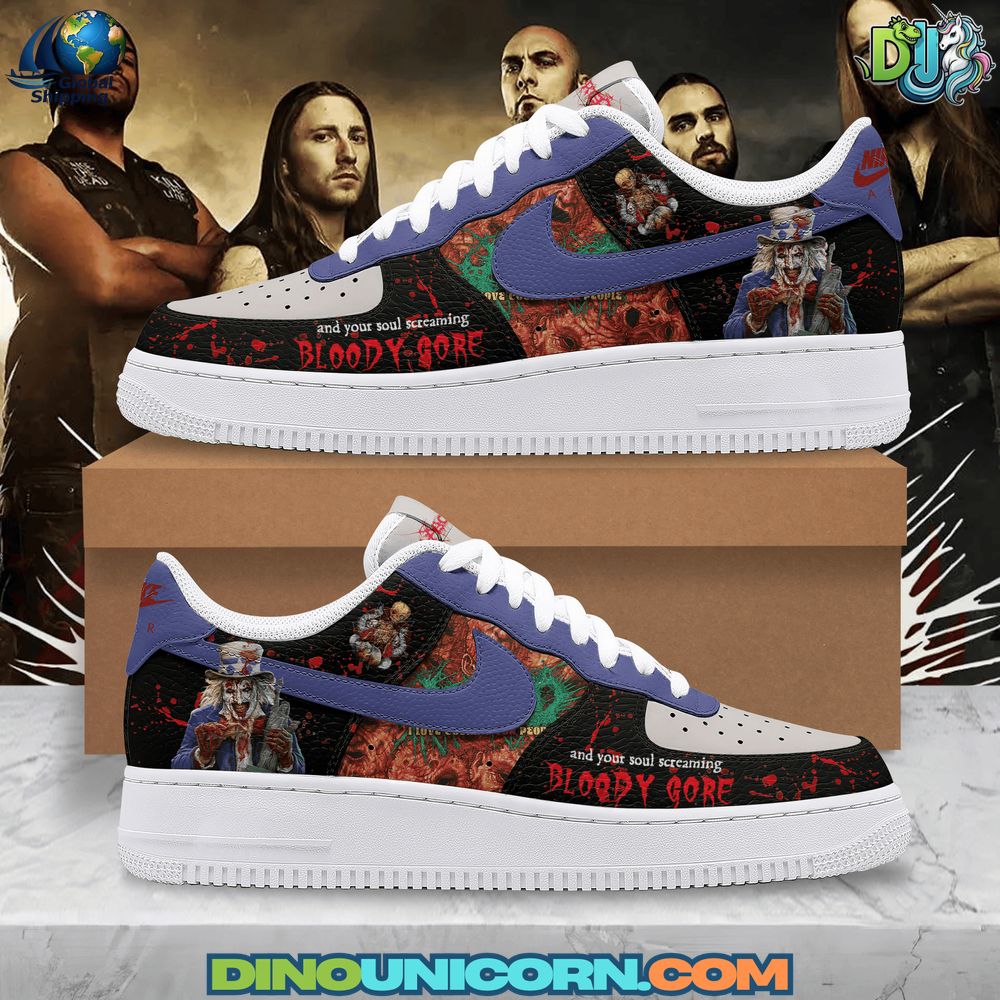 Premium handmade Aborted Air Force 1 sneaker with black-red gore artwork, purple swoosh custom, printed leather overlays, and classic white sole for metal concert outfits.