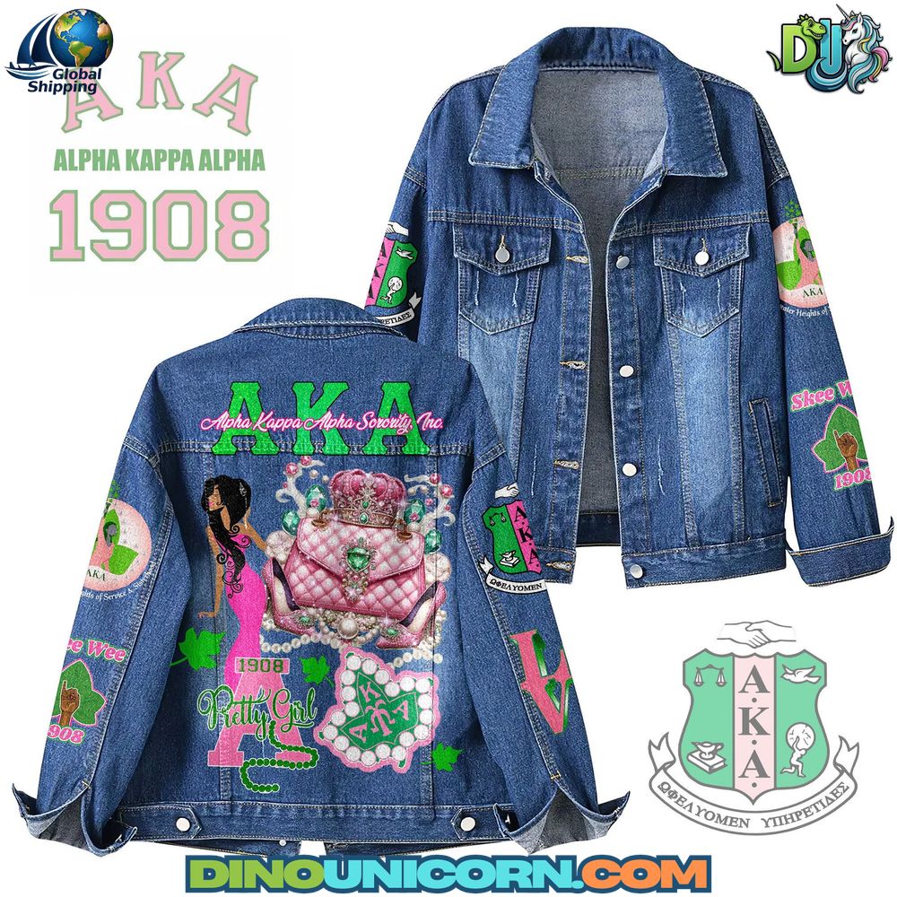 Alpha Kappa Alpha Denim Jacket Alpha Kappa Alpha Denim Jacket with pink and green embroidery, ivy leaf and pearl details; handmade AKA jean jacket celebrating sorority pride and 1908 heritage.